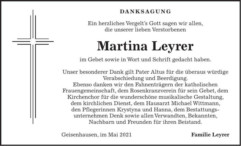 Traueranzeige Martina Leyrer