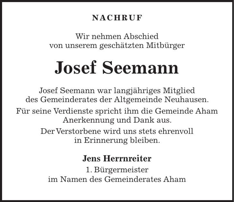 Traueranzeige Josef Seemann