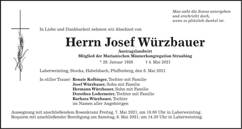 Traueranzeige Josef Würzbauer