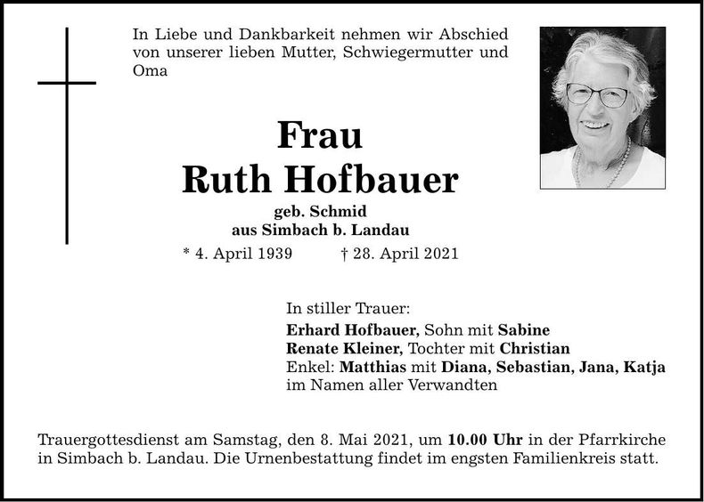 Traueranzeige Ruth Hofbauer