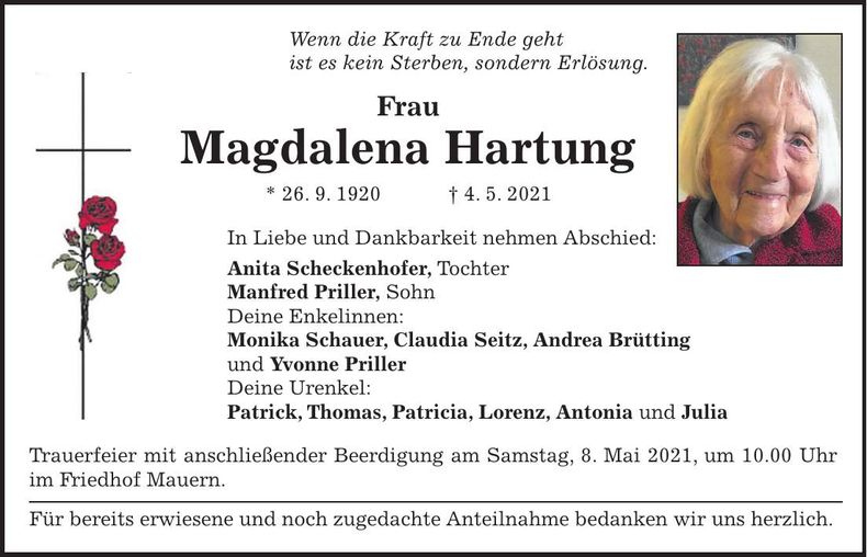 Traueranzeige Madalena Hartung