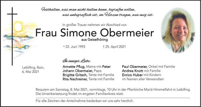 Traueranzeige Simone Obermeier