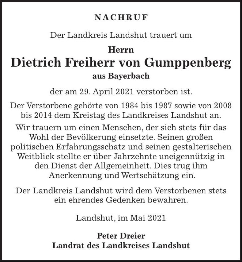 Traueranzeige Dietrich Freiherr von Gumppenberg