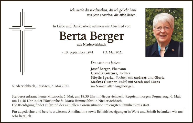 Traueranzeige Berta Berger