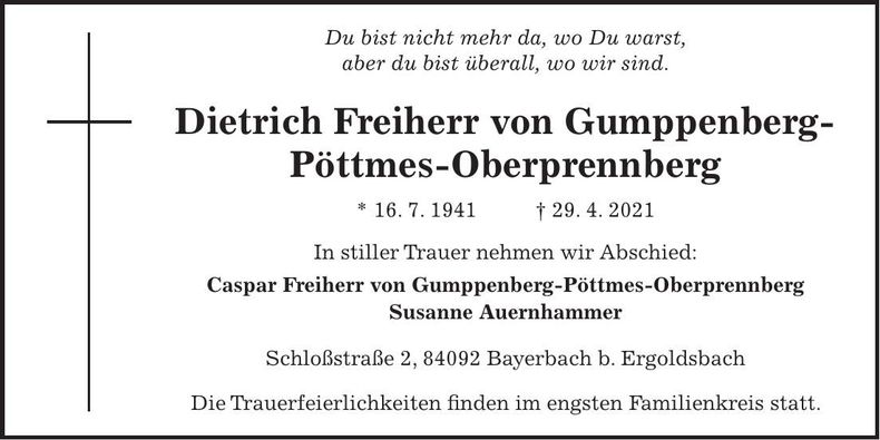 Traueranzeige Dietrich Freiherr von Gumppenberg-Pöttmes-Oberprennberg