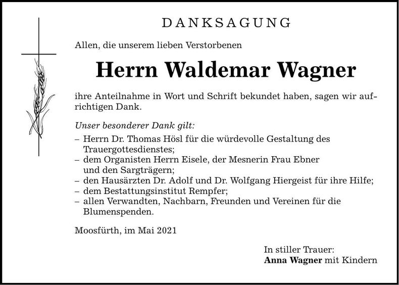 Traueranzeige Waldemar Wagner