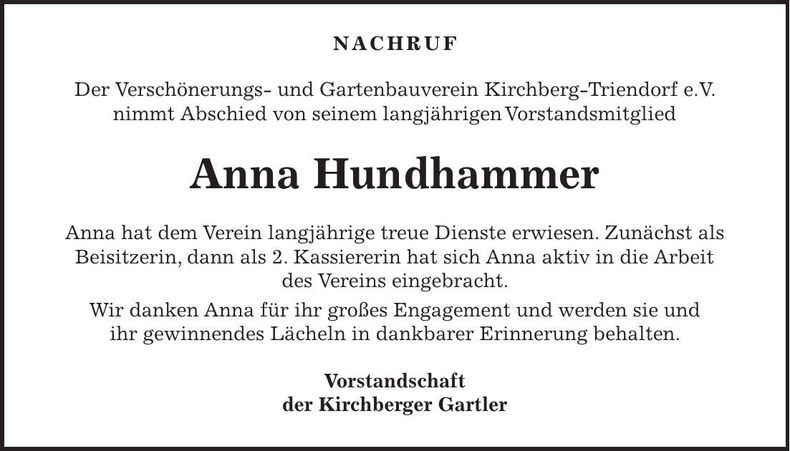 Traueranzeige Anna Hundhammer