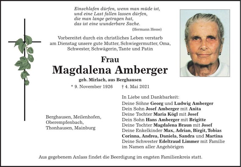 Traueranzeige Magdalena Amberger