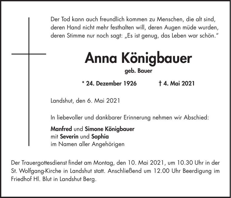 Traueranzeige Anna Königbauer