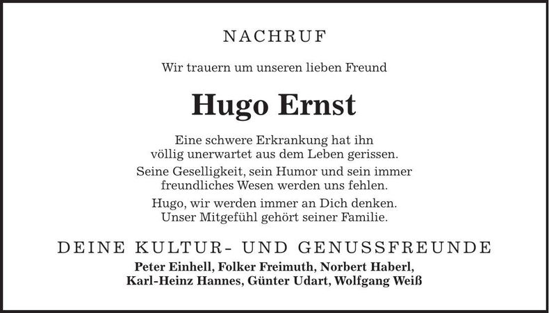 Traueranzeige Hugo Ernst