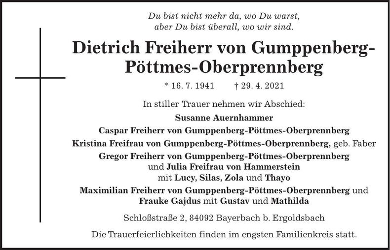 Traueranzeige Dietrich Freiherr von Gumppenberg-Pöttmes-Oberprennberg