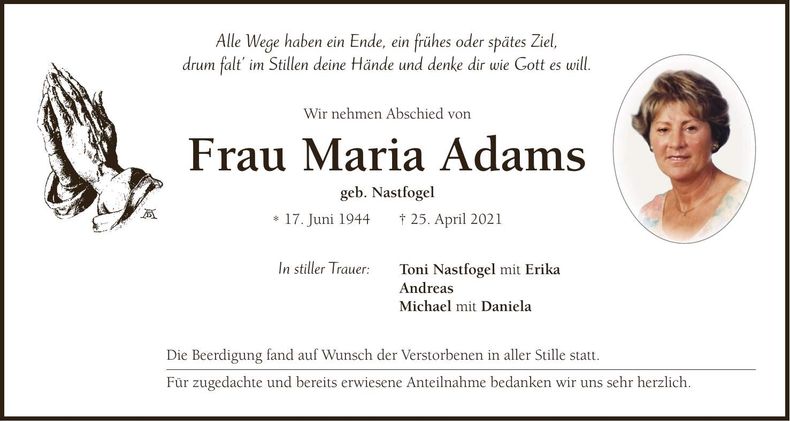 Traueranzeige Maria Adams