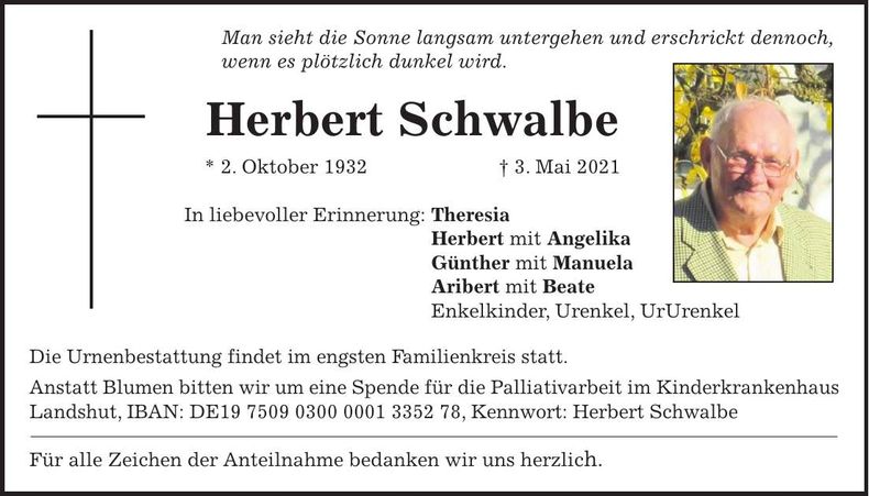 Traueranzeige Herbert Schwalbe