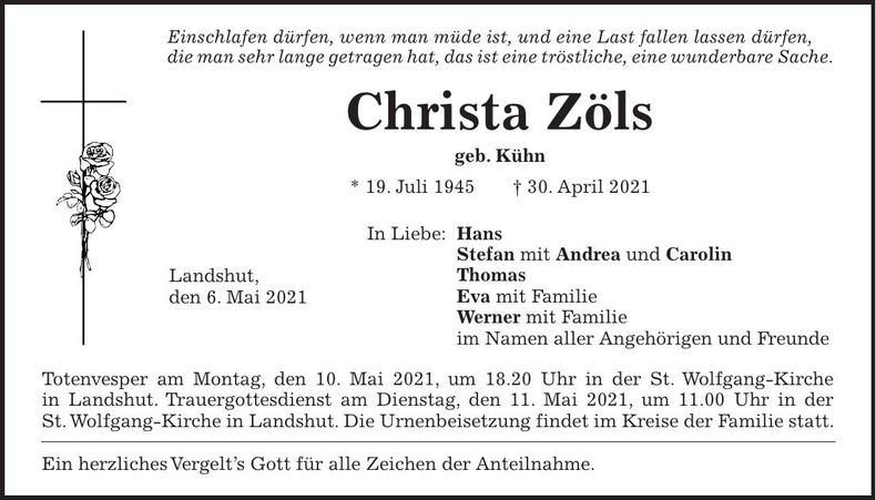 Traueranzeige Christa Zöls