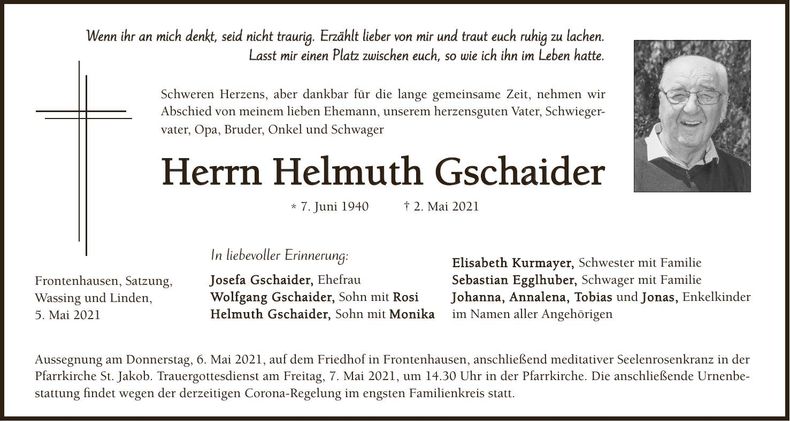 Traueranzeige Helmuth Gschaider