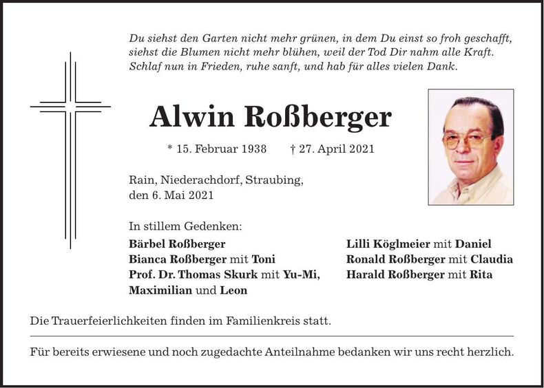Traueranzeige Alwin Roßberger