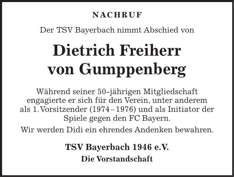 Traueranzeige Dietrich Freiherr von Gumppenberg