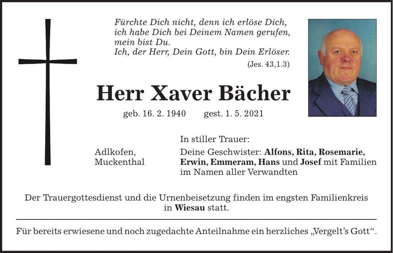Traueranzeige Xaver Bächer