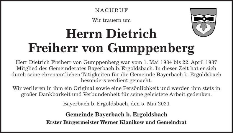 Traueranzeige Dietrich Frhr. v. Gumppenberg