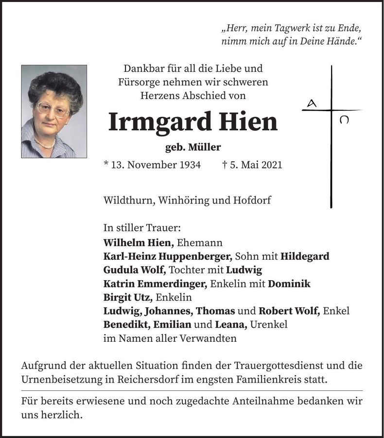 Traueranzeige Irmgard Hien