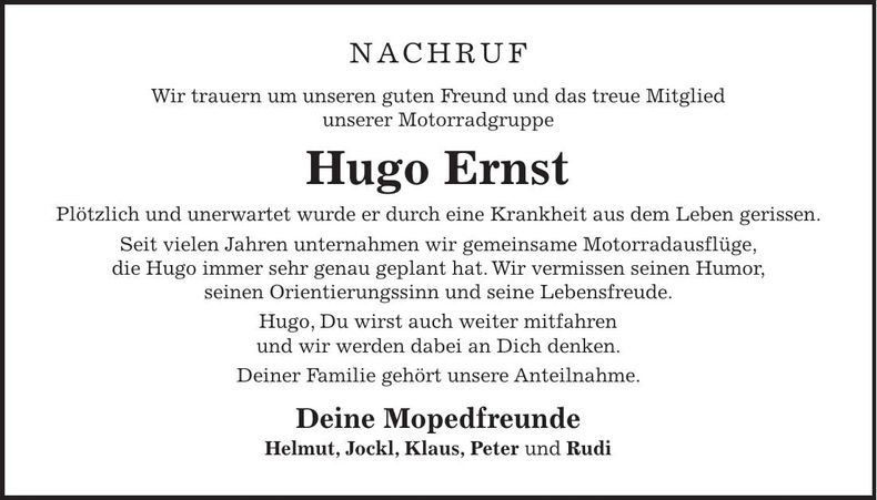 Traueranzeige Hugo Ernst