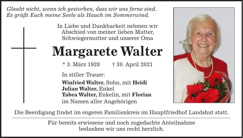 Traueranzeige Margarete Walter