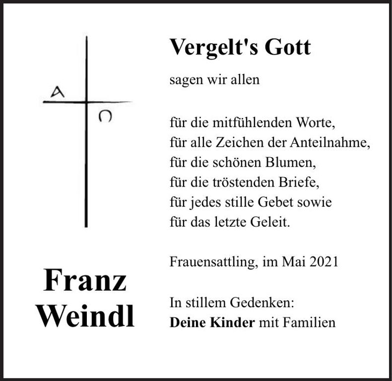 Traueranzeige Franz Weindl