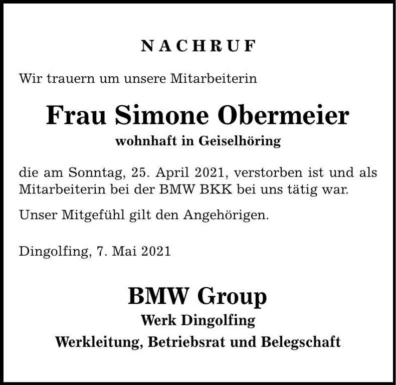 Traueranzeige Simone Obermeier