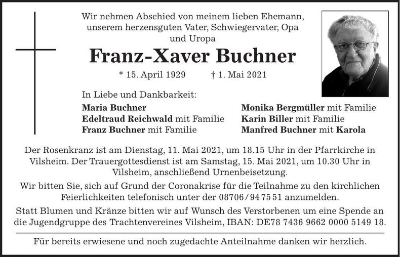 Traueranzeige Franz-Xaver Buchner