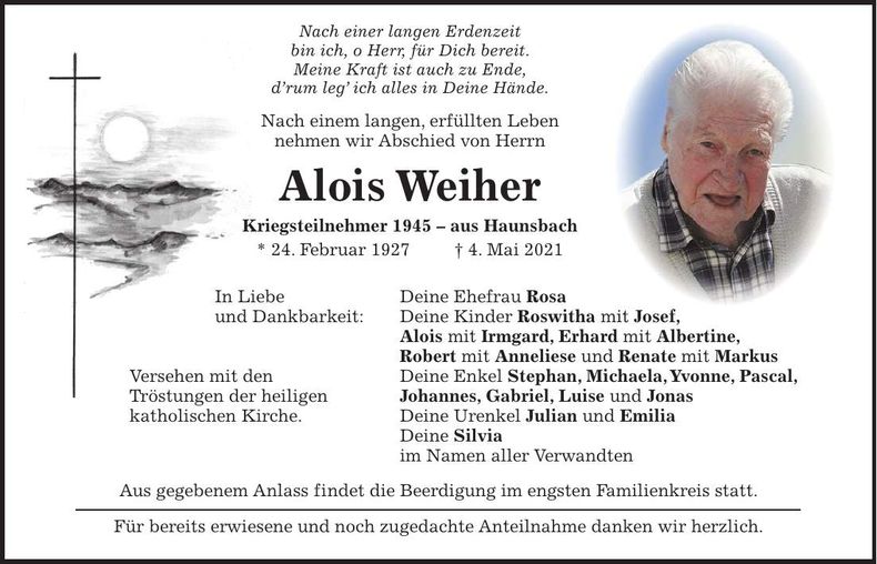 Traueranzeige Alois Weiher