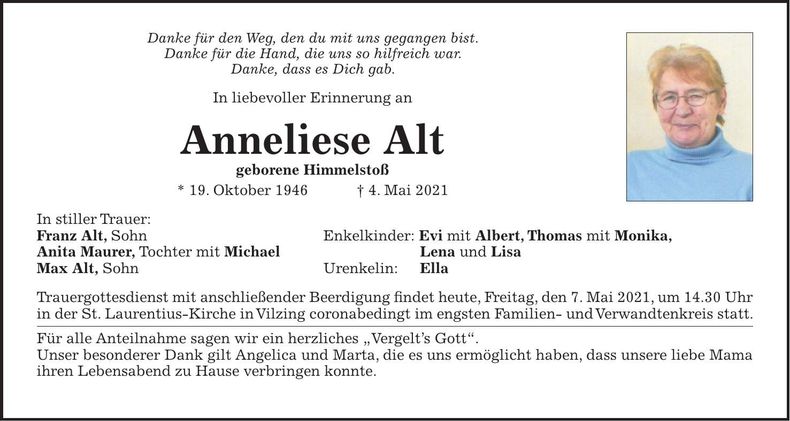 Traueranzeige Anneliese Alt