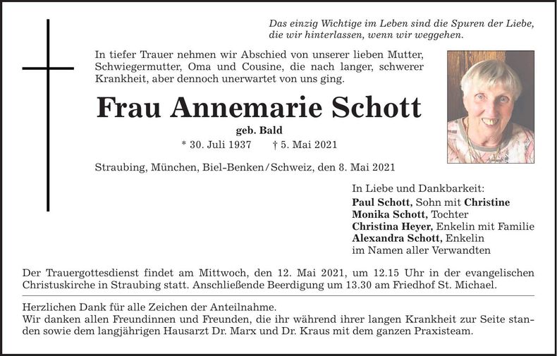 Traueranzeige Annemarie Schott