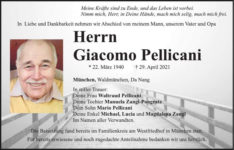 Traueranzeige Giacomo Pellicani