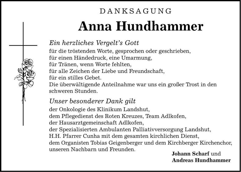 Traueranzeige Anna Hundhammer