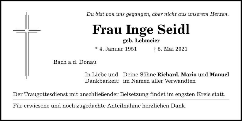 Traueranzeige Inge Seidl