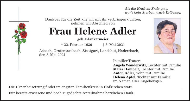 Traueranzeige Helene Adler