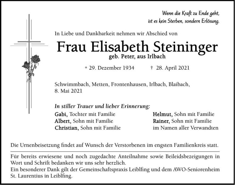 Traueranzeige Elisabeth Steininger