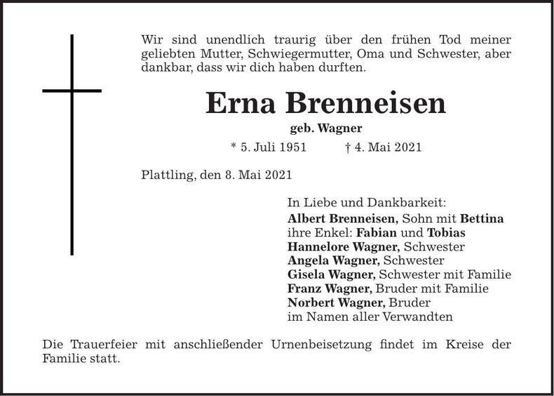 Traueranzeige Erna Brenneisen