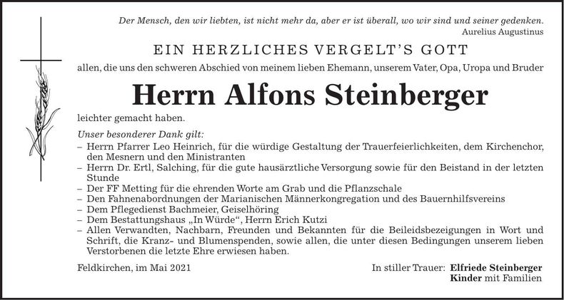 Traueranzeige Alfons Steinberger