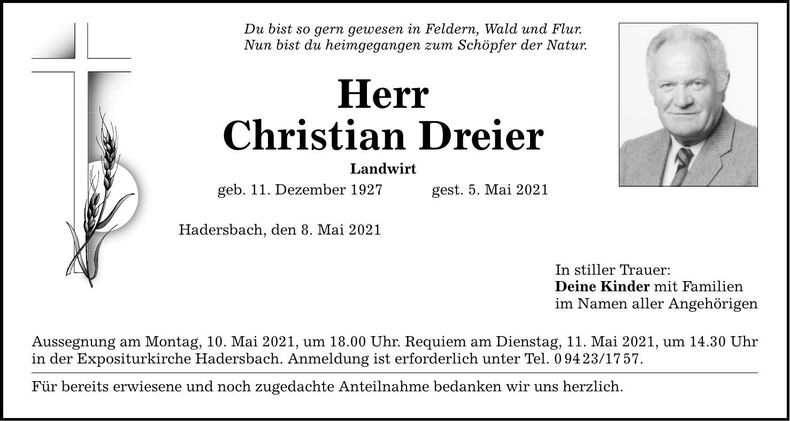 Traueranzeige Christian Dreier