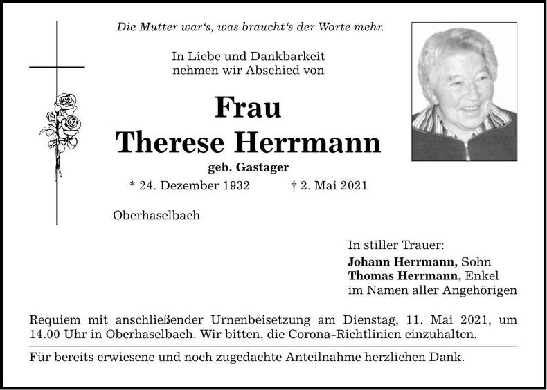 Traueranzeige Therese Herrmann