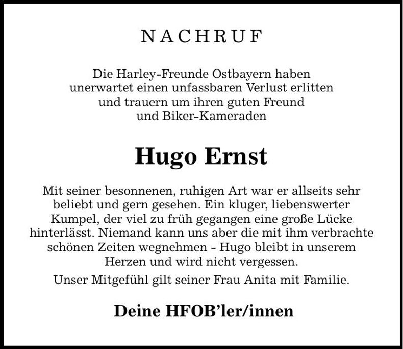 Traueranzeige Hugo Ernst