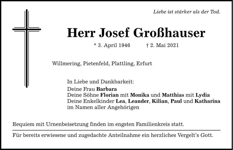 Traueranzeige Josef Großhauser