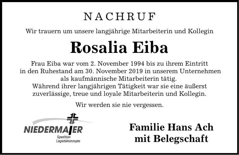 Traueranzeige Rosalia Eiba