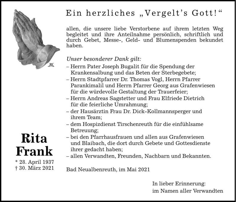 Traueranzeige Rita Frank