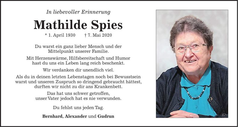 Traueranzeige Mathilde Spies