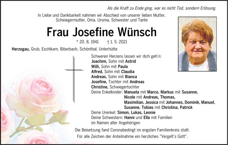 Traueranzeige Josefine Wünsch