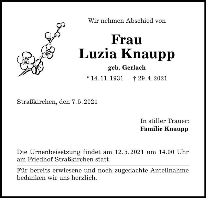 Traueranzeige Luzia Knaupp