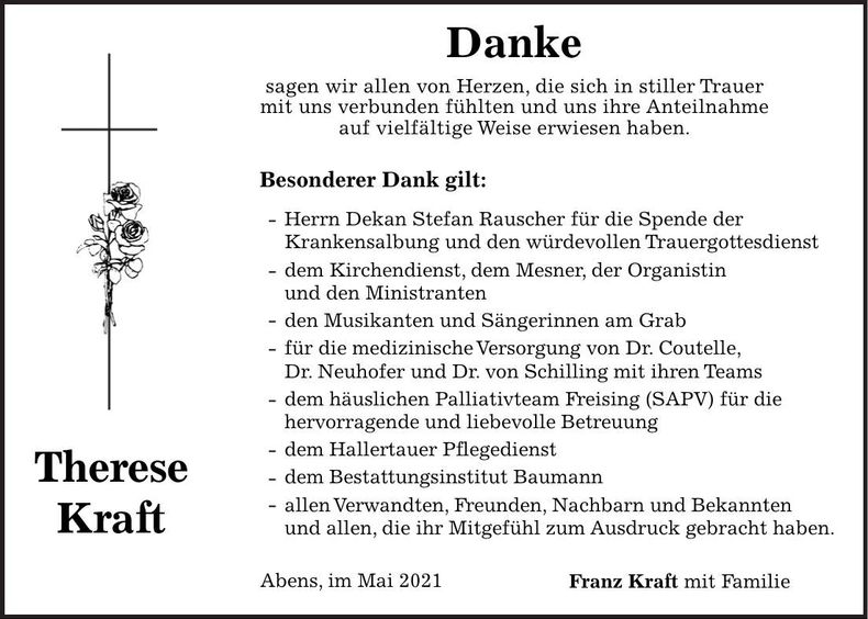 Traueranzeige Therese Kraft