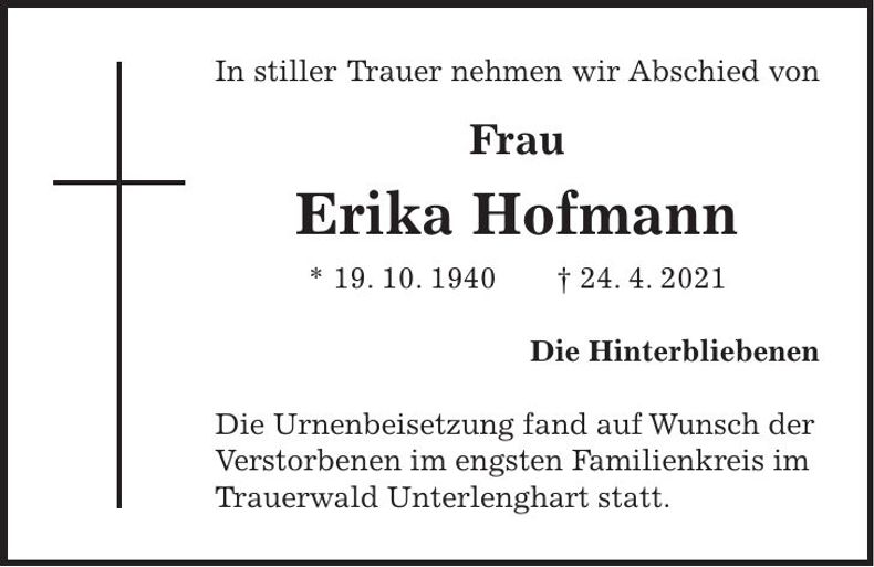 Traueranzeige Erika Hofmann
